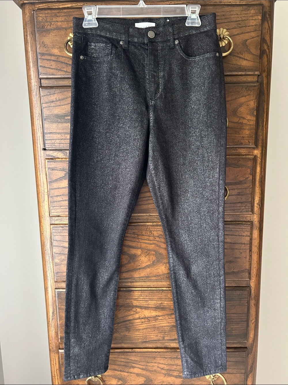 LOFT NWOT Made and Loved Black Metallic Stretch Skinny Jeans, Size 8
